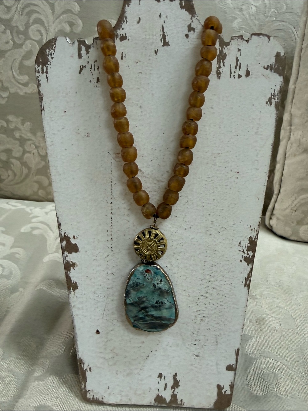 Amber Bead Necklace with Turquoise Pendant